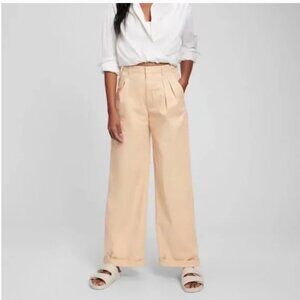 NWT Gap Sand‎ Khaki High Rise Pleated Wide Leg Trousers Women's 14 Petite